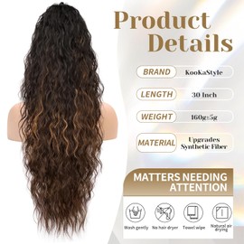 KooKaStyle Ponytail Extension 30 Inch Drawstring Pony Tails Hair Extensions for Women Long Curly Ponytail Synthetic Hairpieces for Daily Use（Brown with Blonde Highlights）