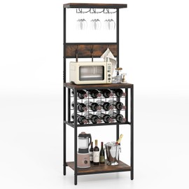 Giantex Tall Wine Rack Freestanding Floor, Wine Bar Cabinet w/ 3 Glass Racks, 12 Bottle Holders, 3 Hooks, Coffee Bar Liquor Cabinet, Industrial Kitchen Bakers Rack for Home, Dining Room, Rustic Brown