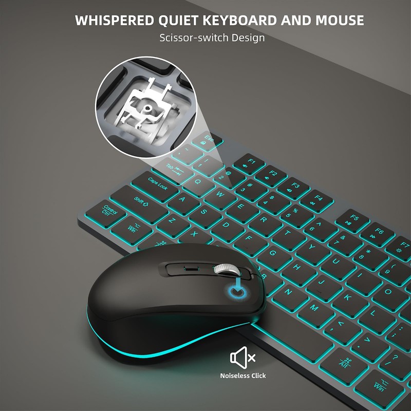 Wireless Keyboard and Mouse RGB Backlit Combo, Slim & Quiet,