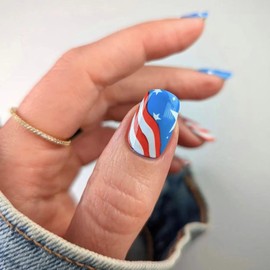 MERVF Square Press on Nails Medium Fake Nails 4th of July Glue on Nails with American Flag Design Squoval Star Acrylic Nails Press ons Glossy 24pcs Independence Day Nails
