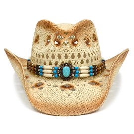 FLUFFY SENSE. Cowgirl Hats for Women Straw Cowboy Hat Western Beach Sun Hat with Shapeable Brim for Coastal Cowgirl (Sandstone Tan)