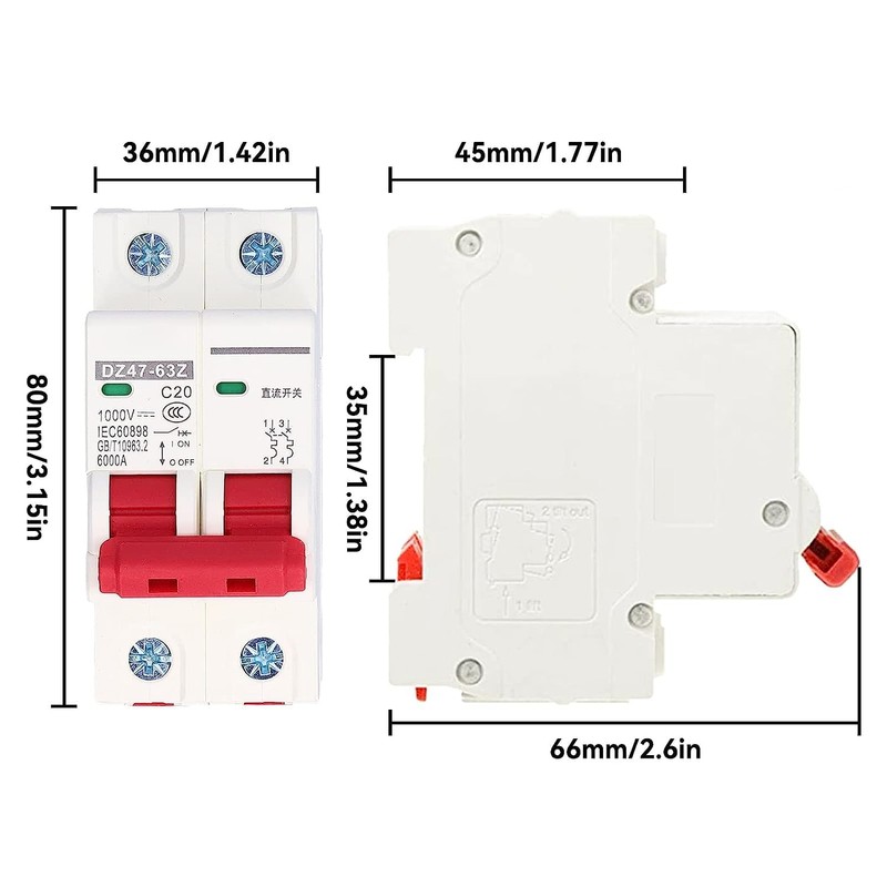 DC Circuit Breaker, DC Isolator Switch DZ47-63Z-2P 1000V 20A for