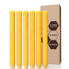 CANDWAX Hand Rolled Beeswax Candles 8 inch Set of 6 - Natural Beeswax Candles Honeycomb Perfect as Dinner Table Candles - 5 Hours Burning Handmade Beeswax Candles Taper - Bees Wax Candles for Home