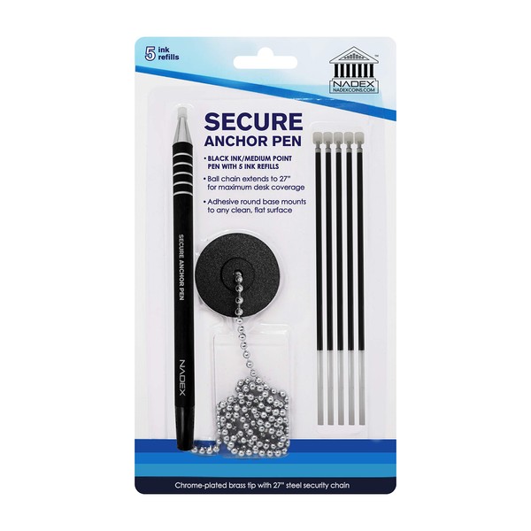 Nadex Ball and Chain Security Pen Set | 1 Pen, 1 Adhesive Mount, and 5 Refills (Black)