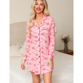 Anjue Womens Button Down Nightgown Long Sleeves Heart Nightshirt with Collar Nursing Nightgown SleepShirts(Pink Heart,M)