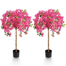 4 Feet Artificial Bougainvillea Trees, Fake Bougainvillea Pink Flowers Tree with Black Plastic Pot, Outdoor Faux Blooming Plants Potted 2 Packs for Decor Front Porch Indoor or Home Office (47 inch)