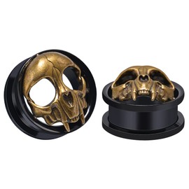 COOEAR Pair Stainless Steel Ear Tunnels and Plugs Black Antique Gold Skull Ear Gauges 0g to 1 Inch, Metal, Sandstone