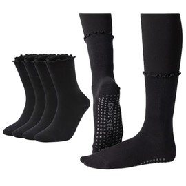 Vinfolio Pilates Socks with Grips for Women, Grippy Socks with Lace Ruffle Cuff for Yoga Ballet Barre Dance Gym Hospital, 4 Pairs (US, Alpha, One Size, Regular, Regular, Black)
