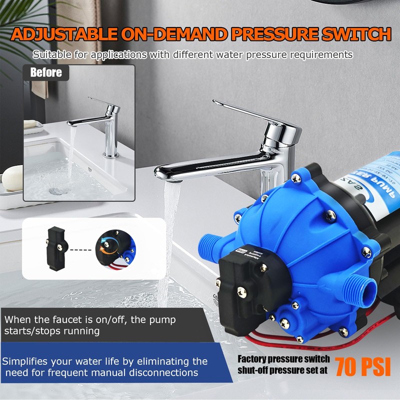12V DC RV Fresh Water Pump, 7.0GPM 75PSI, Five Chamber