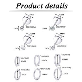 Tornito 18 Pairs Tiny Flat Back Stud Earrings For Women Men 18K Gold Plated Stainless Steel CZ Ball Dot Small Huggie Hoop Earrings Screw Back Cartilage Helix Tragus Lobe Earrings For Multiple Piercing