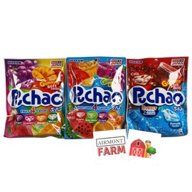 Puchao Gummy n' Soft Candy (3 pack) Fruit Soda(Apple, Watermelon, Grape, Orange), Bubbly Soda (Cola, Ramune Soda), Fruit (Grape, Strawberry, Mango, Melon) with 2 Airmont Farm Stickers
