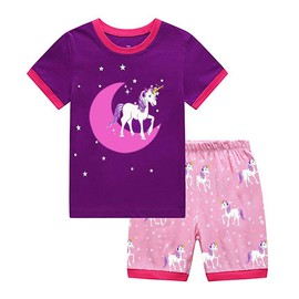 Babylike Girls Pajamas Set Animal Printed Short 100% Cotton Toddler Kid Summer Sleepwear Clothes(Moon unicorn-9T)