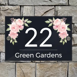 Badgemaster Modern Anthracite House Number Sign Plaque Stainless Steel Standoffs 20cm x 13cm Rose Flower Decoration