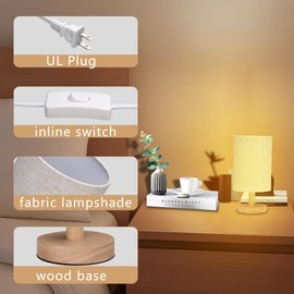 WANKAIX Small Table Lamp for Bedroom - Bedside Lamps for Night Stands, Minimalist Nightstand Light Lamp, Desk Lamps for Living Room, Office, Dorm(Wood Base, 10" Inline Control)