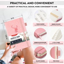 AISBUGUR Address Book with Alphabetical Tabs，Hardcover Small Passwordbook，Address Book Large Print for Phone Numbers，Internet Website Logins，AddressNotebook Journal for Home 5"*7.6"-Pink