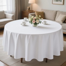 MRJ Round Tablecloth 90 Inch Washable Resistant Wrinkle Polyester Table Cloth White Fabric Table Cover for Buffets Parties Picnics