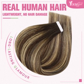 YoungSee Brown Ombre Tape in Hair Extensions Human Hair Tape in Hair Extensions Full Head Tape in Hair Extensions Brown Balayage to Caramel Blonde 18inch Skin Weft Tape ins Human Hair 50g 20pcs