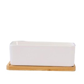 LILILONGOUK Succulent Planter, 6.7 Inch Rectangular White Ceramic Planter with Bamboo Tray and Drainage Hole, Lovely Ceramic Home Garden Decorative Succulent Cactus, 2 Piece Set - Plants Not Included