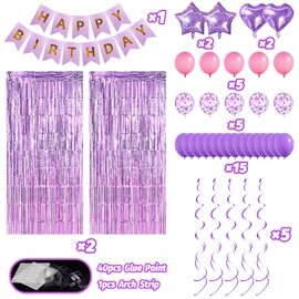 Pink Purple Birthday Decorations, Birthday Party Supplies for Women Girls Princess with Happy Birthday Banner, Confetti Balloons, Fringe Curtain, Heart Star Foil Balloons, Hanging Swirls