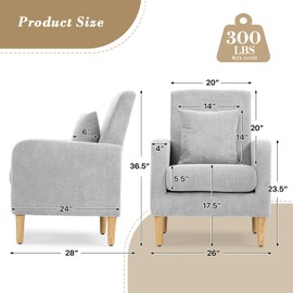 Athena Collection Modern Accent Chair with Cushion, Comfy Upholstered Fabric Reading Chair for Adult, Soft Sofa Armchair for Living Room, Bedroom, Dorm, Grey