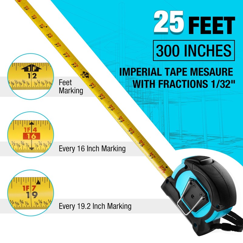 DURATECH 25FT Auto-Lock Tape Measure, Easy Read Magnetic Measuring Tape