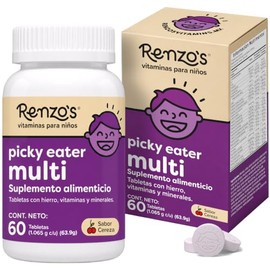 Renzo's Picky Eater | Multivitaminico para Niños | 18 Vitaminas y Minerales | 60 Tabs Masticables sin Azúcar | Vegano y Sin Alérgenos | Vitamina C, D3