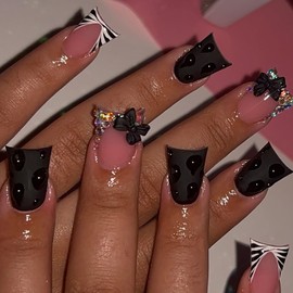 24Pcs French Tip Press on Nails Medium Duck Fake Nails 3D Bow with Rhinestones Glitter Design Full Cover Artificial Acrylic Nails Cute Glue on Nails Black False Nails for Women Girls Nail Art Decor