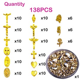 Gehaiwo 138PCS Gold Nail Charms and 1Box Gold Nail Art Rhinestone,Alloy Virgin Mary Cross Rose Flower Nail Decoration for Acrylic Nails, Nail Jewels Accessories for Nail Art Supplies DIY Nail