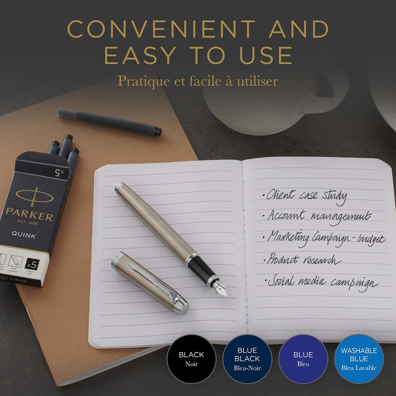 PARKER QUINK Long Fountain Pen Ink Refill Cartridges, Washable Blue,