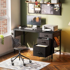 Casaottima 40-Inch Small Computer Desk with Fabric Drawers & File Cabinet, Home Office Desk with Cloth Storage Bag and Hook, Writing Study Work Table for Small Space, Vanity Desk for Bedroom, Black