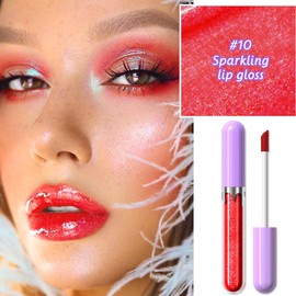 Hxssll Liquid Pearlescent Lip Stain with Fine Glitter, High Shine Liquid Lip Gloss Set, Non-Sticky Long-Lasting Lipstick Moisturizing Lip Oil 10#(True Red)