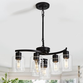 Eatich Black Chandelier, 6 Light Dining Room Light Fixture, Modern Farmhouse Chandeliers for Dining Room Adjustable Height, Hanging Light Fixtures Ceiling for Entryway Foyer Kitchen Island Bedroom