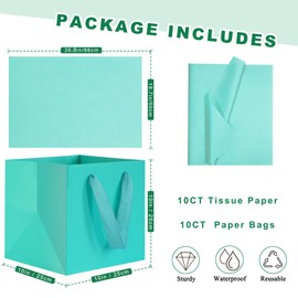 KEYYOOMY Teal Blue Square Gift Bags with Tissue Paper Large Teal Blue Gift Bags with Handles for Party Favor Bags Birthday Gift Bag (10 CT, 10x10x10 in)