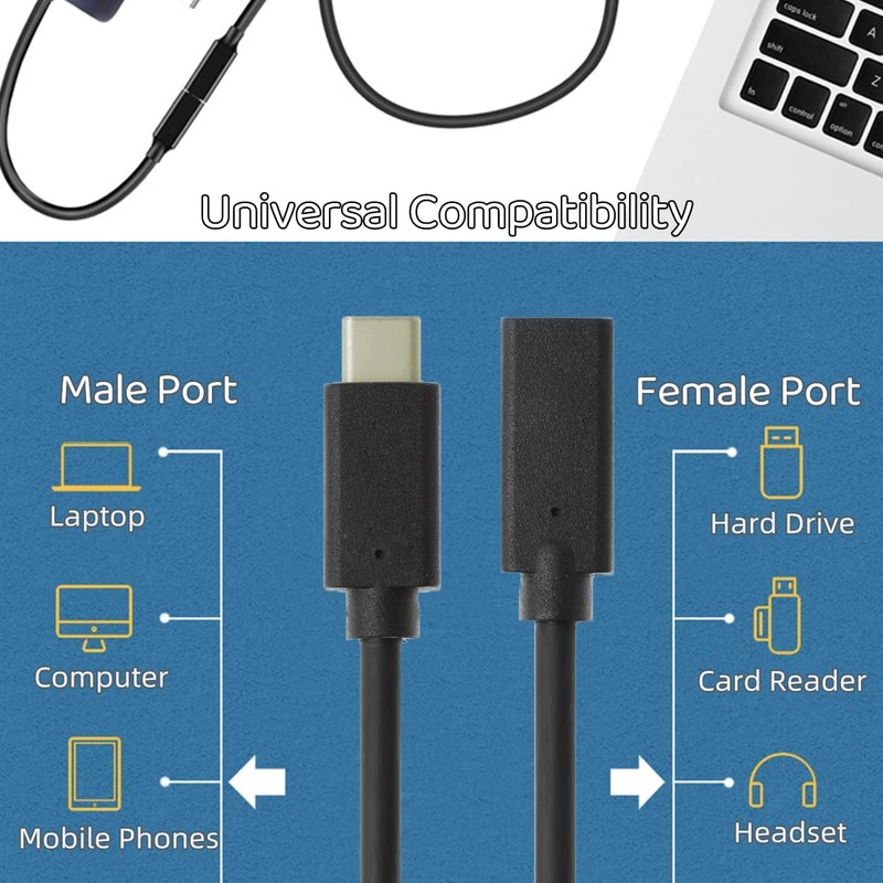 Herfair USB Type C Male-to-Female Extension Cable, 0.6ft, Thunderbolt 3