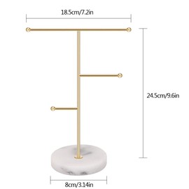 Jewelry Organizer,Metal T-Bar Necklace Display Stand Earrings Holder for Home, Hanging Pendant Rack with Marble Pattern Round Tray for Bracelets Rings Watches (A-Gold)