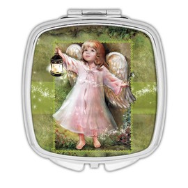 Unbranded Gift Compact Mirror : Angel Lamp Catholic Religious Esoteric Victorian - Pattern Square Silver