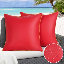 howdy textile Outdoor Red Waterproof Pillow Cover Silicone Leather Outdoor Modern Anti-Fading Cushion Cases for Patio Furniture Bench Couch 18x18 Inch, Pack of 2