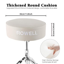 ROWELL Drum Throne Height Adjustable Drum Stool Drum Throne with Thickened Padded Double Support Anti-Slip Drum Seat Suitable for Adult and Drummers with Drum Sticks,Drum Key(Off-White)