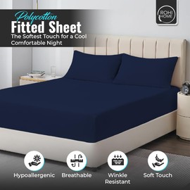Rohi® King Size Fitted Sheet with Two Pillowcases – 25cm Depth – Pure Polycotton Plain Bedding (King Size Fitted Sheet & Pillowcases, Navy)