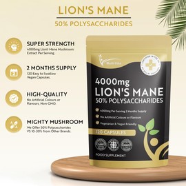 Lion's Mane Mushroom Extract 4000mg - 120 High Strength Vegan Capsules, 2 Months Supply - Brain and Focus Supplement for Better Cognitive Health - (Not Powder or Tablets) UK Made GMO Free
