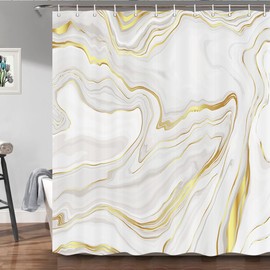 Shocur Marble Shower Curtain, Modern Luxury Cream and White Stone Texture Gold Wave Stripe, 72 x 72 Inches Polyester Fabric Bathroom Decor Set with 12 Hooks