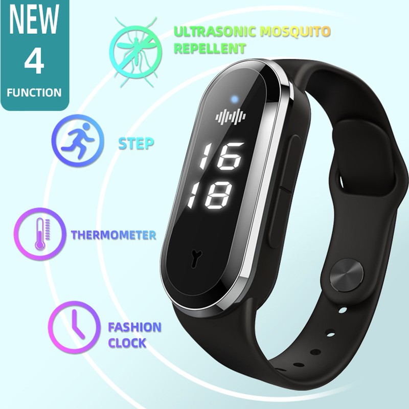 Ultrasonic Mosquito Repellent Watch Silica Gel Rechargeable LED Digital Step