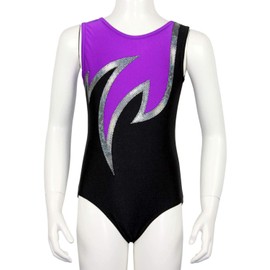 Java Special Shiny Lycra Girls' Gymnastics Leotard Short Sleeve Children's Gymnastics Bodysuit Sleeveless Leotard, Black, silver, purple