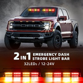 PKINGLAKE 2 in 1 LED Emergency Dash Strobe Light Bar Front/Rear Windshield Safety Flashing Warning Hazard Interior Lights for Police Firefighter Construction Vehicles Trucks (2x14 inch, Amber/Red)