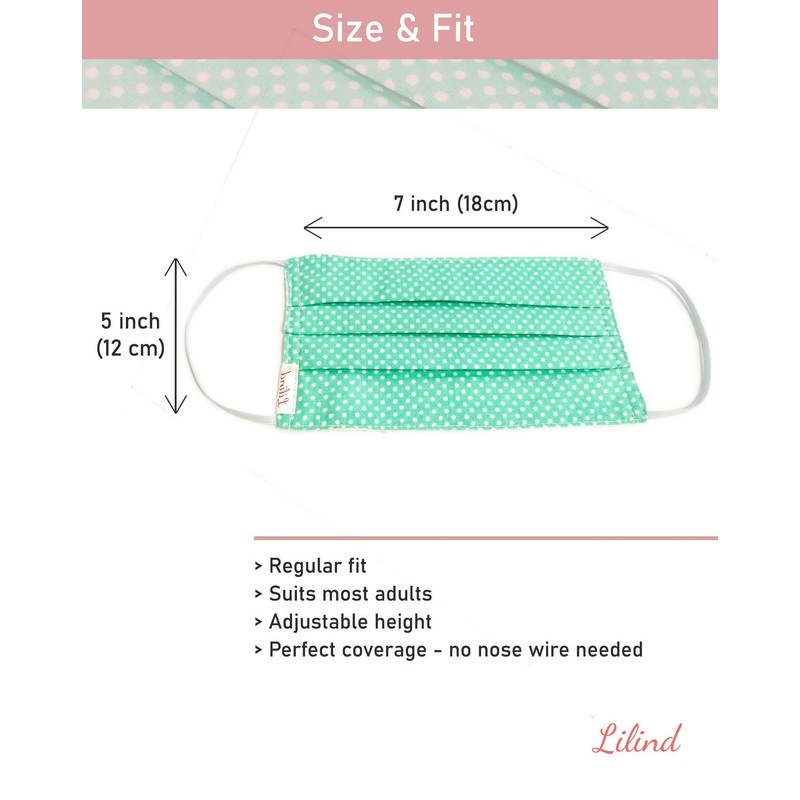 Lilind Fashion Face Mask 100% Cotton Reusable Breathable Handmade Green