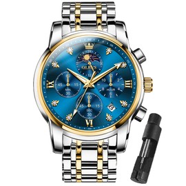 OLEVS Watches for Men,Blue Face Men's Watch,Blue Gold Watch Mens Dress Watches,Waterproof Big Face Wristwatch Easy Read,Chronograph Wristwatch for Men,Relojes para Hombres