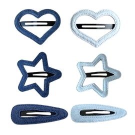 6PCS Denim Blue Hair Clips for Girls - Heart Star Teardrop Shapes, Y2K Snap Clips Cute Solid Color Hairpins Fashion Cowgirl Denim Accessories for Women