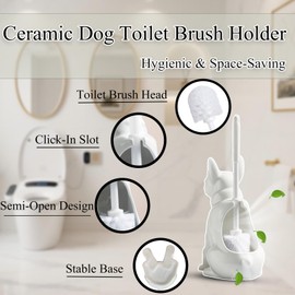 2025 Ceramic Dog Toilet Brush Holder Set, French Bulldog Design with 2PCS Durable Plastic Brush, Modern Bathroom Accessories (White)