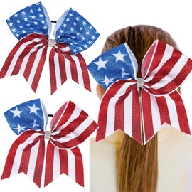 2PCS American Flag Glitter Ribbon Cheer Hair Bows 8 Inch Patriotic Cheer Hair Bow Ties with Elastic 4th of July Hair Tie Band Independence Day Hair Accessories for Teens Kids(Style A)