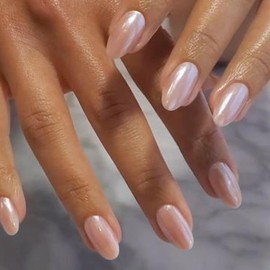 YOSOMMK Peach Pink Short Press on Nails Almond Shape Acrylic Nails Press ons Nude Gradient Artificial Fake Nail with Design 24Pcs Full Glossy Glue Stick on False Nail for Women in 12 Sizes